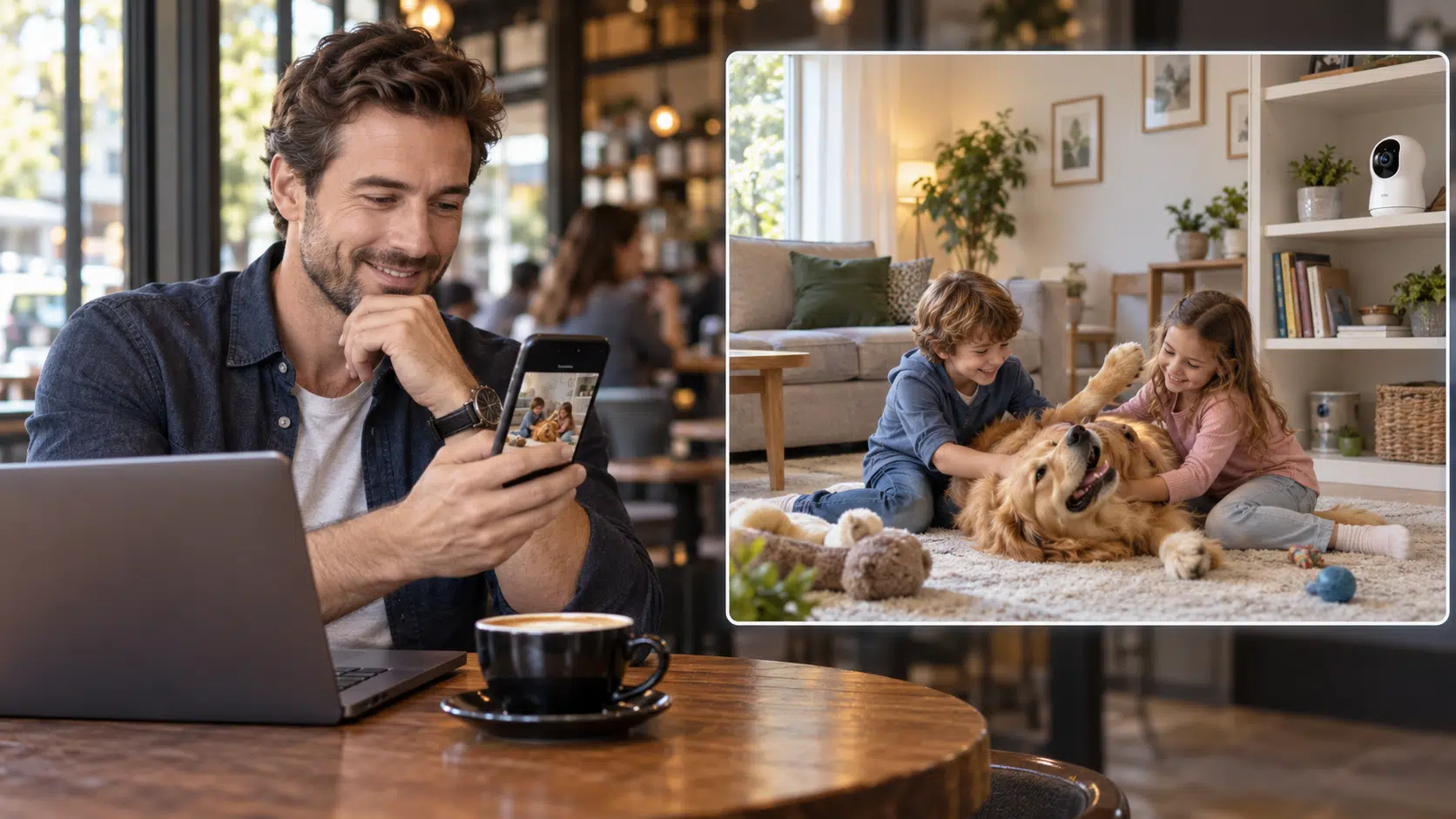 Padre viendo desde una cafetería a sus hijos y su perro mediante una cámara IP instalada en el salón
