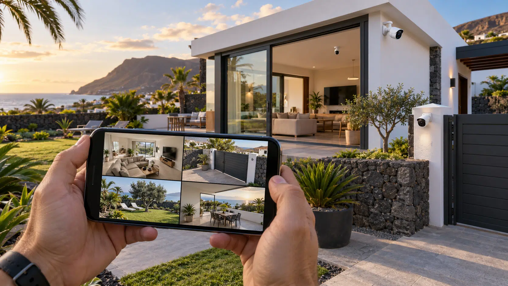 Propietario viendo desde el móvil las cámaras interiores y exteriores de su chalet