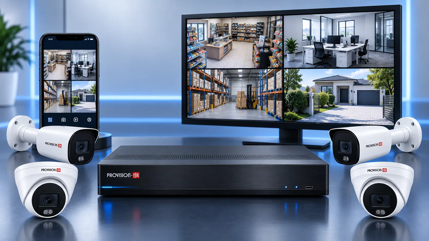 Kit de videovigilancia Provision-ISR con grabador, cámaras, monitor y aplicación móvil