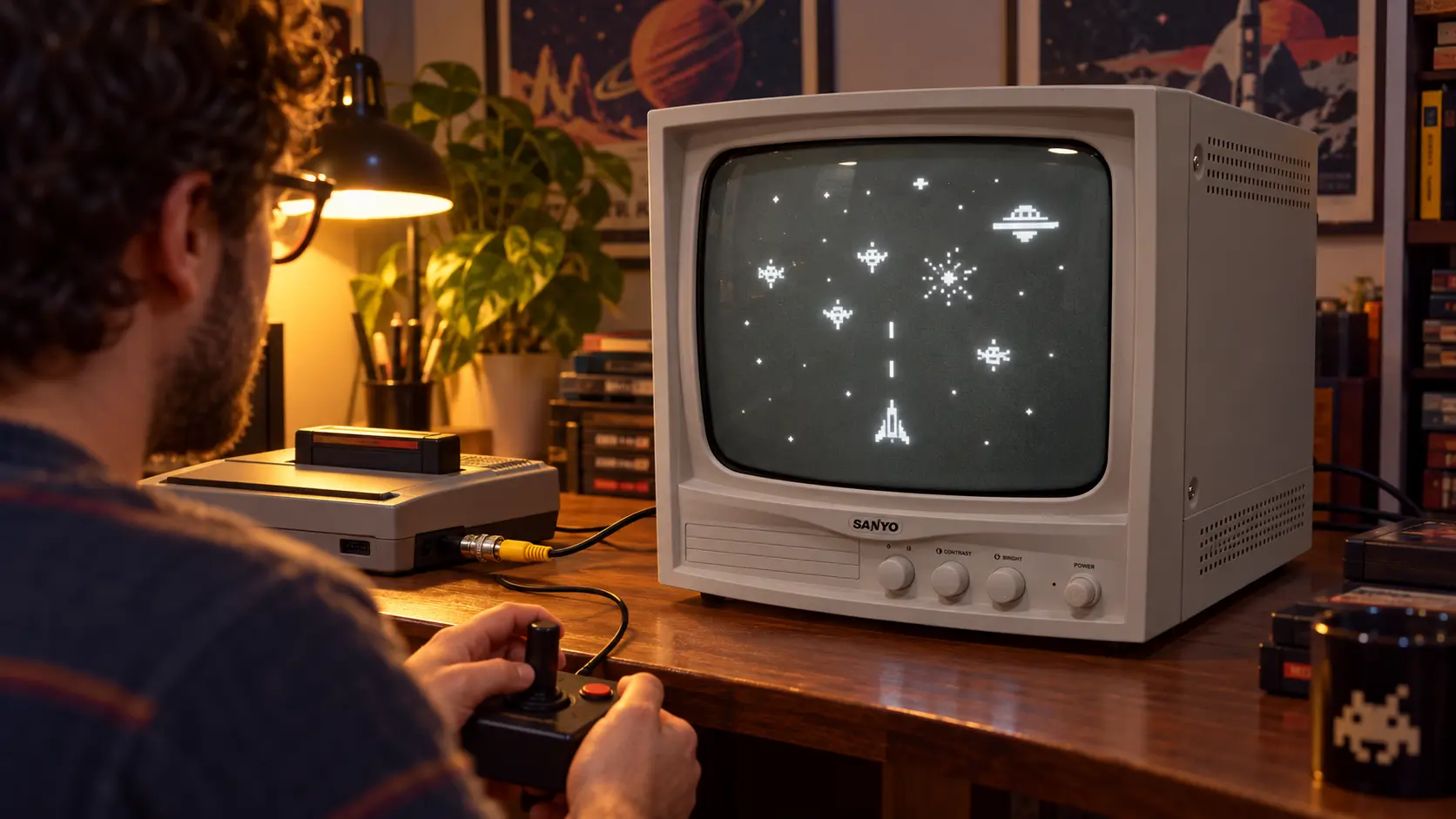 Visualización conceptual del monitor Sanyo conectado a una consola retro