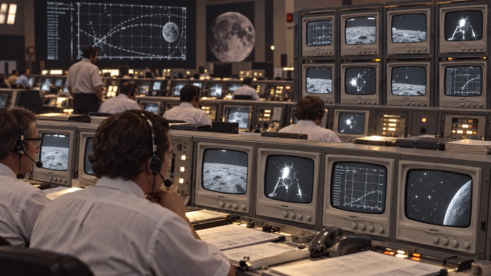 Visualización conceptual de una sala de control espacial